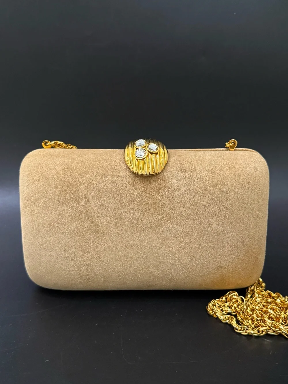 Vintage RODO Beige Suede Leather Hard Case Structured Clutch Crossbody Bag